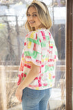 Floral Embroidered Colorful Ruffled V Neck Blouse