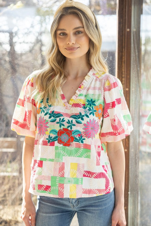 Floral Embroidered Colorful Ruffled V Neck Blouse
