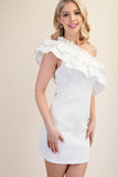 White Ruffle-Trimmed One-Shoulder Dress