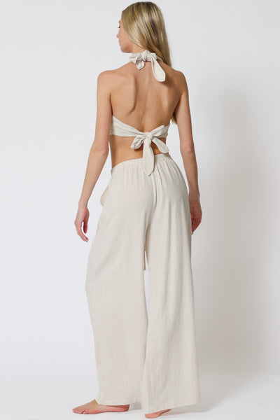 Cream Backless Halter Top & Flowy Pants Set