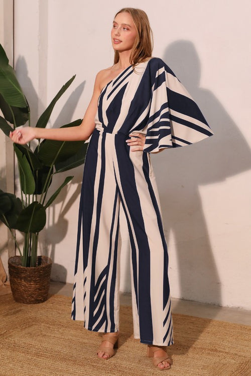 Navy Striped One Sleeve Jumpsuit