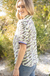Mint Printed Contrast Puff Sleeve Blouse