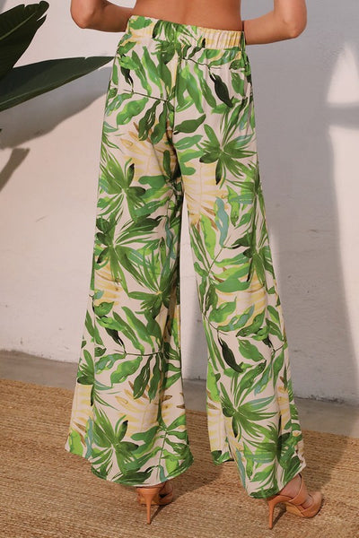 Green Leaf Tie Waist Wide Pants