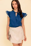 Navy Ruffle Neckline Blouse With Front Tie
