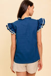 Navy Ruffle Neckline Blouse With Front Tie