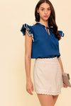 Navy Ruffle Neckline Blouse With Front Tie