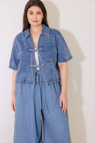 Denim Bow Tie Collared Top