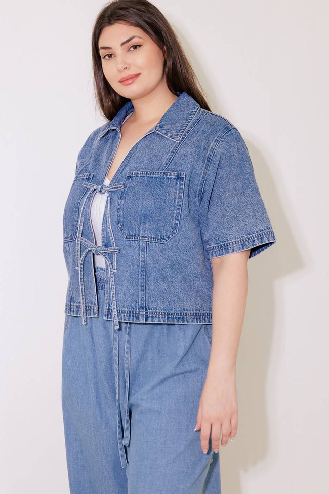 Denim Bow Tie Collared Top