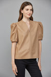 Latte Split Neck Leather Blouse