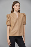Latte Split Neck Leather Blouse