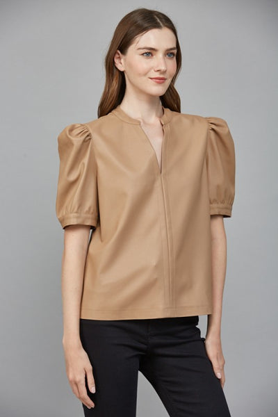 Latte Split Neck Leather Blouse