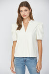 Cream Split Neck Leather Blouse