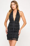 Black Checker Lace Halter Neck Mini Dress
