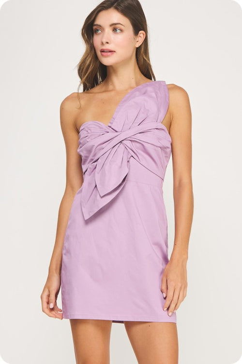Lilac Knotted Flower Bow Mini Dress