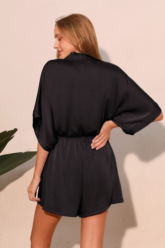 Black Poly Silk Kimono Wrap Romper