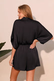 Black Poly Silk Kimono Wrap Romper