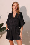Black Poly Silk Kimono Wrap Romper