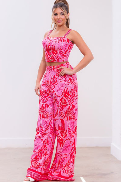 Pink Leaf Cropped Top & Pants Set