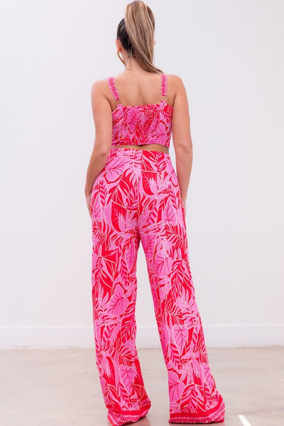 Pink Leaf Cropped Top & Pants Set