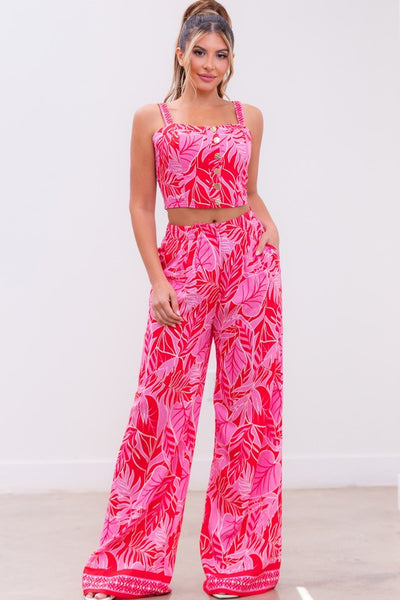 Pink Leaf Cropped Top & Pants Set