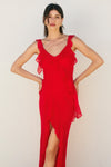 Bright Red Asymmetrical Ruffled  Open Back Maxi Dress