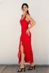 Bright Red Asymmetrical Ruffled  Open Back Maxi Dress
