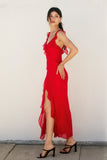Bright Red Asymmetrical Ruffled  Open Back Maxi Dress