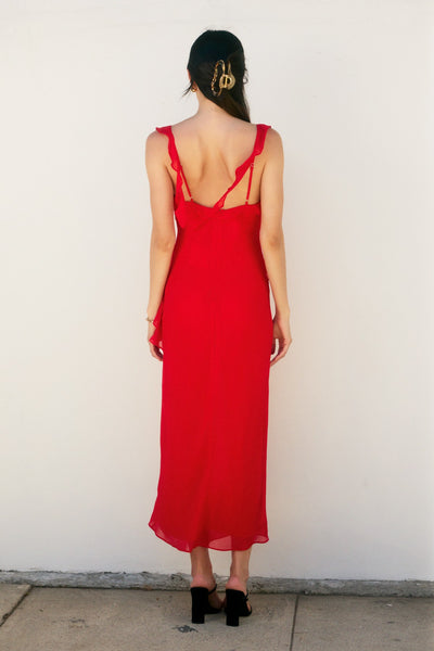 Bright Red Asymmetrical Ruffled  Open Back Maxi Dress