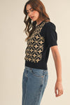 Brown Puff Sleeve Embroidered Sweater