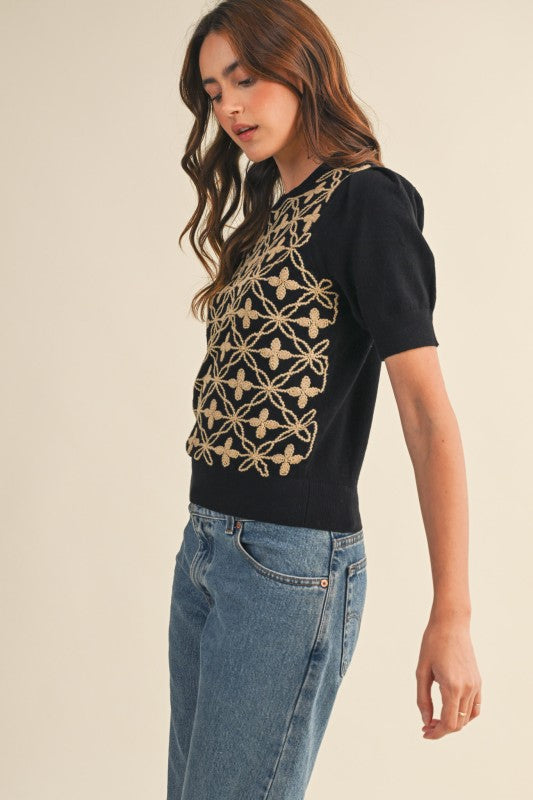 Brown Puff Sleeve Embroidered Sweater