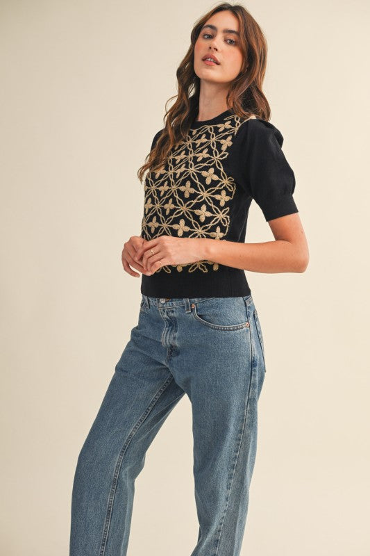 Brown Latte Short Puff Sleeve Embroidery Sweater