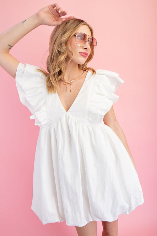 White V-Neck Ruffle Sleeve Bubble Dress
