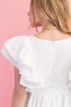 White V-Neck Ruffle Sleeve Bubble Dress
