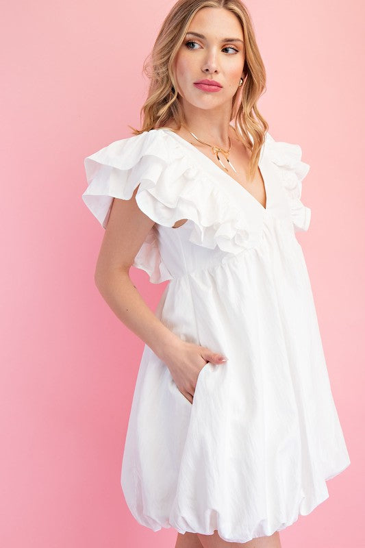 White V-Neck Ruffle Sleeve Bubble Dress