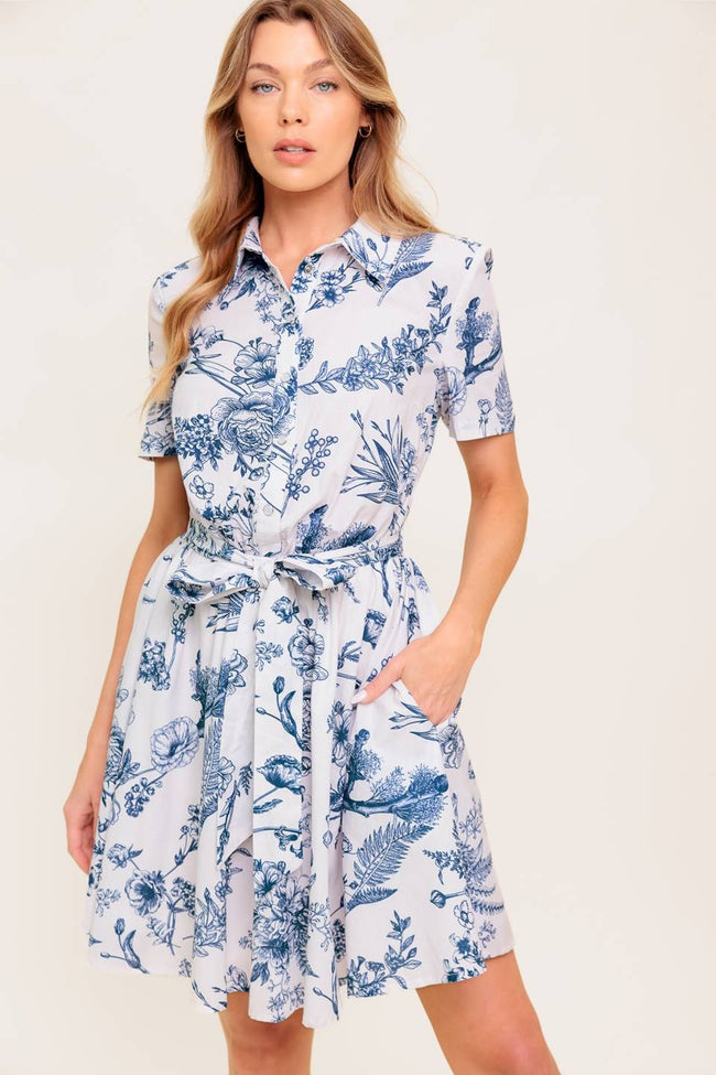 Blue Floral Tie Wrap Dress