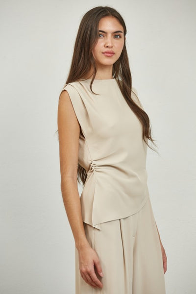 Stone Beige Pleated Shoulder Asymmetric Top