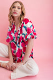 Fuchsia V-Neck Printed Balloon Sleeve Blouse