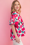 Fuchsia V-Neck Printed Balloon Sleeve Blouse