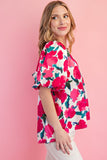 Fuchsia V-Neck Printed Balloon Sleeve Blouse