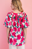 Fuchsia V-Neck Printed Balloon Sleeve Blouse