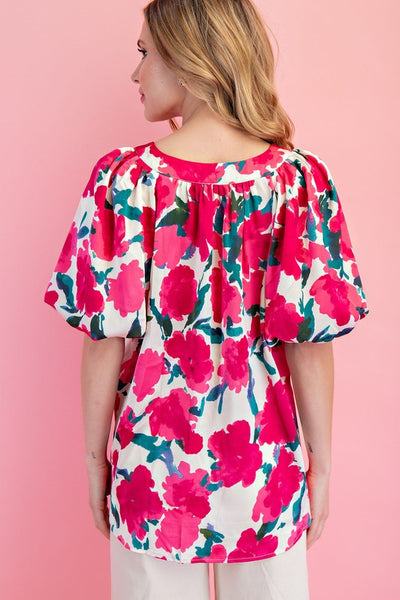 Fuchsia V-Neck Printed Balloon Sleeve Blouse