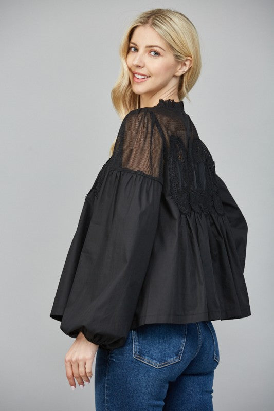 Black Lace Applique Detail Long Sleeve Blouse