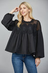 Black Lace Applique Detail Long Sleeve Blouse