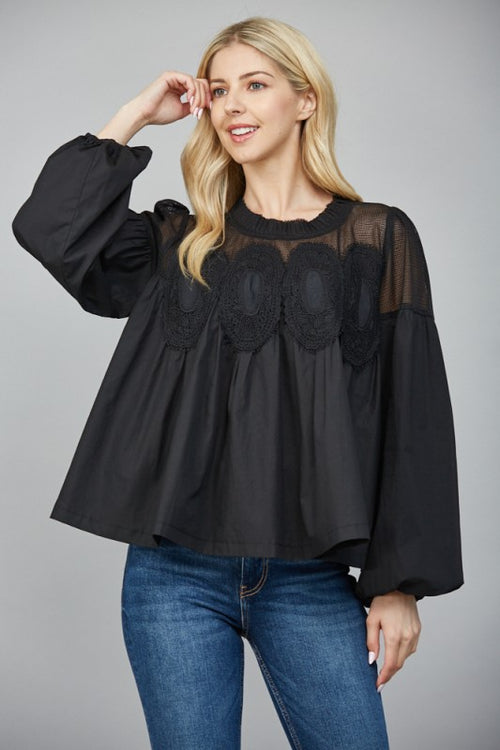 Black Lace Applique Detail Long Sleeve Blouse