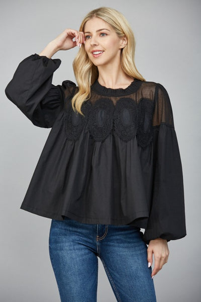 Black Lace Applique Detail Long Sleeve Blouse