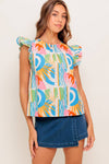 Multi Colored Abstract Ruffle Sleeve Top