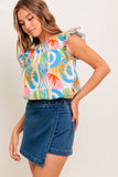 Multi Colored Abstract Ruffle Sleeve Top
