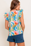 Multi Colored Abstract Ruffle Sleeve Top