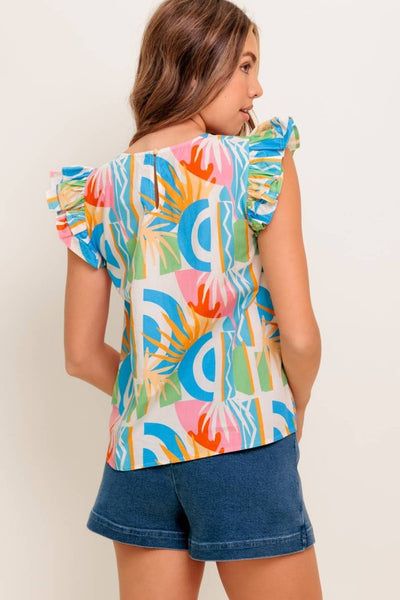 Multi Colored Abstract Ruffle Sleeve Top