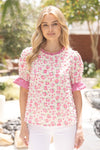 Pink Floral Print Lace Detail Blouse